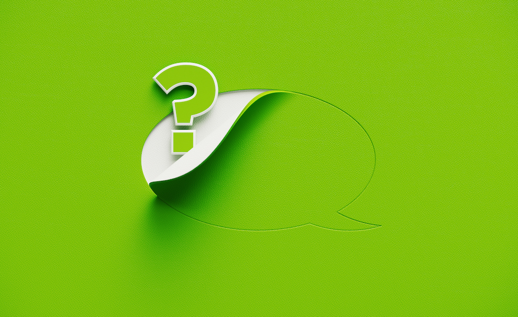 Lime green question mark and speech bubble representing FAQs about water filtration system.