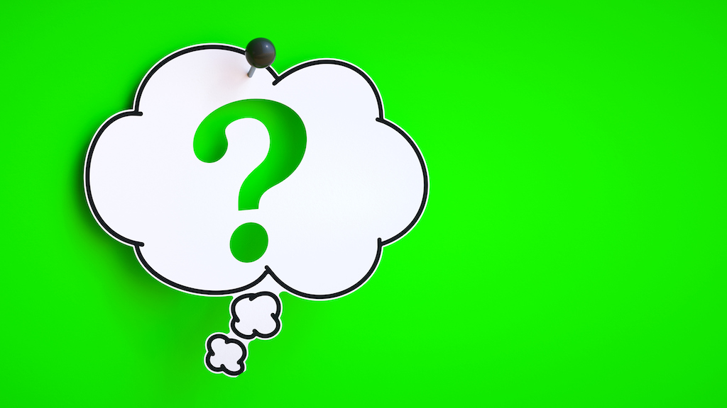 Lime green background with white speech bubble and large question mark cutout. Represents questions about kitchen plumbing installation. 