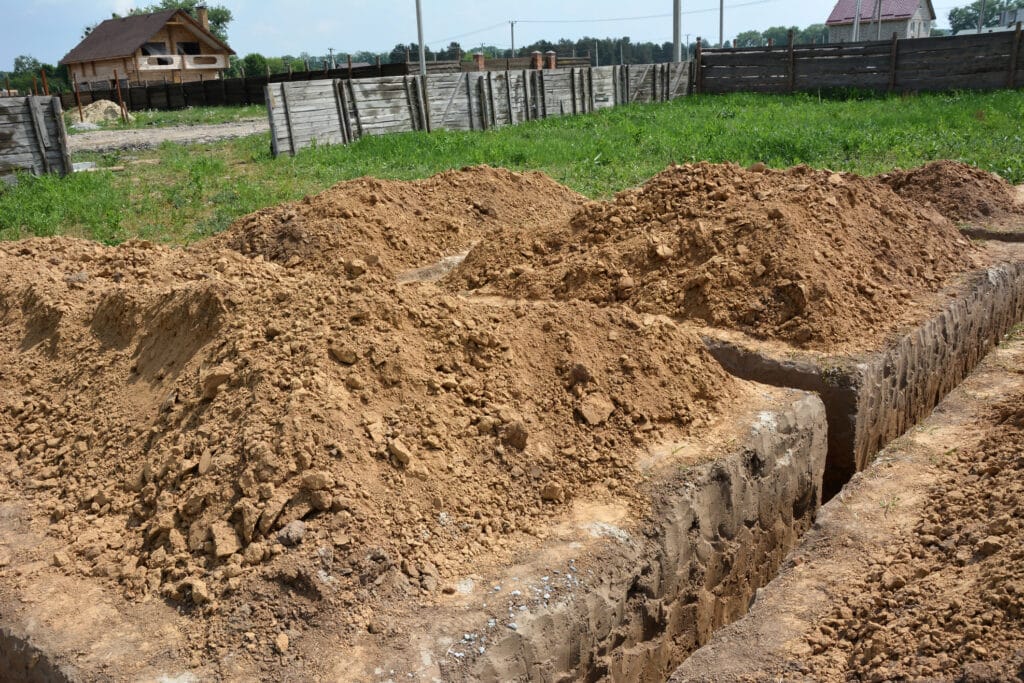 Long trenches are dug in the ground for sewer line replacement.