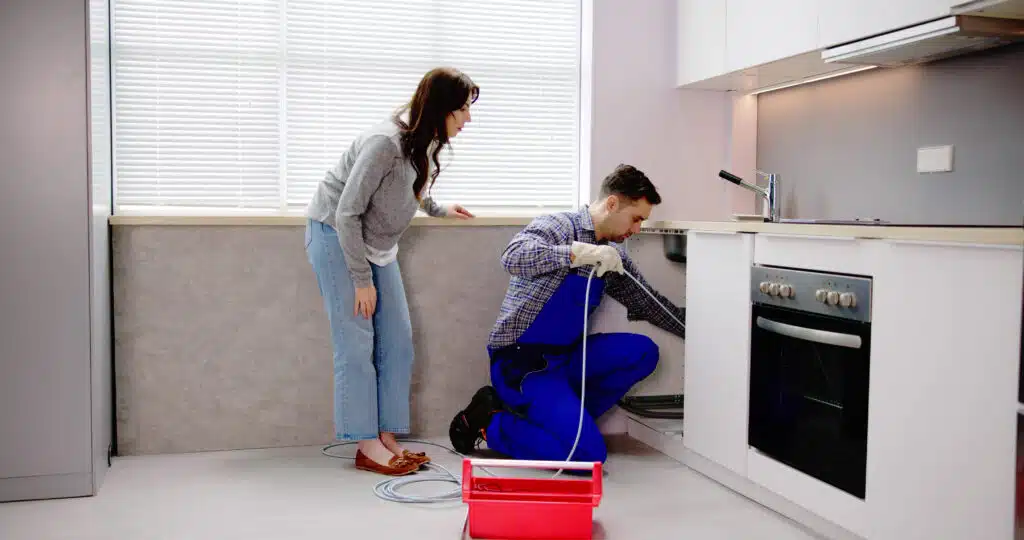 Plumber performing kitchen drain odor removal.